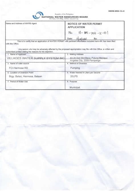 WATER PERMIT NATIONAL WATER RESOURCES BOARD APPLICATIO.